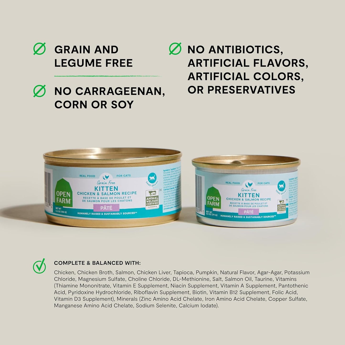 Open Farm Canned Kitten Food, Pate for Complete & Balanced Nutrition, Grain Free and Legume-Free Wet Kitten Food, Chicken & Salmon Recipe, 5.3oz Cans (Case of 12)