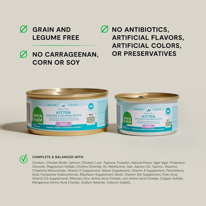 Open Farm Canned Kitten Food, Pate for Complete & Balanced Nutrition, Grain Free and Legume-Free Wet Kitten Food, Chicken & Salmon Recipe, 5.3oz Cans (Case of 12)