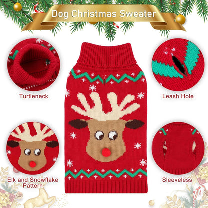Christmas Dog Turtleneck Sweater Winter Reindeer Snowflake Sweater with Leash Hole Puppy Knitwear Pullover Holiday Sweaters for Small Medium Large Dogs 3XL