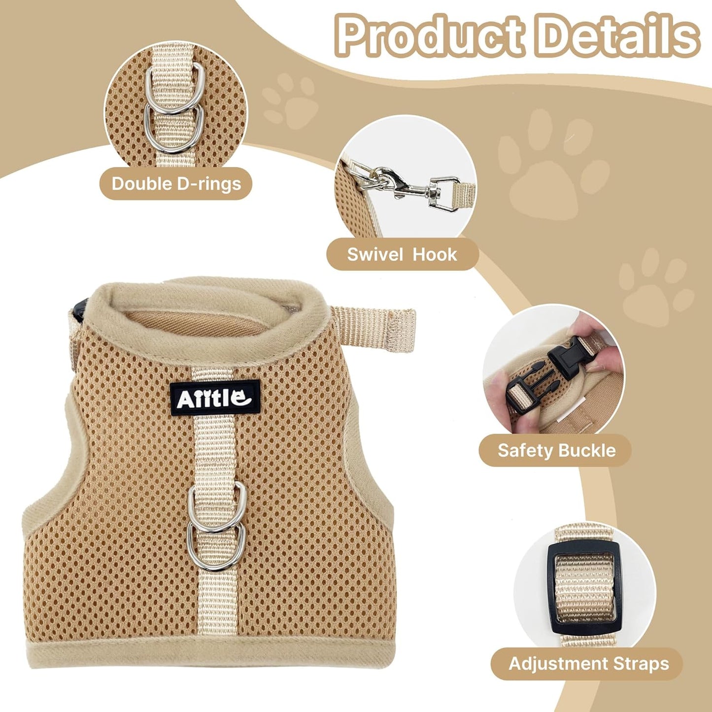 AIITLE Lightweight Escape Bunny Harness and Leash Set - Air Mesh Vest with Double D-Rings, Adjustable & Magic Tape Design, for Ferret/Cat/Puppy Training and Hiking Adventures, Khaki L