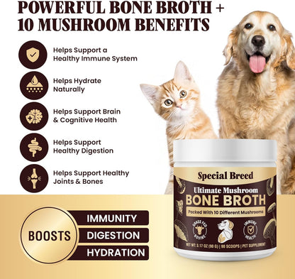 Beef Bone Broth for Dogs - Dog Bone Broth Powder with Ten Organic Mushrooms - High Protein + Ten Mushroom Supplement for Joint Flexibility, Immune Support, Cognition, Vitality, Hydration - 90 Scoops