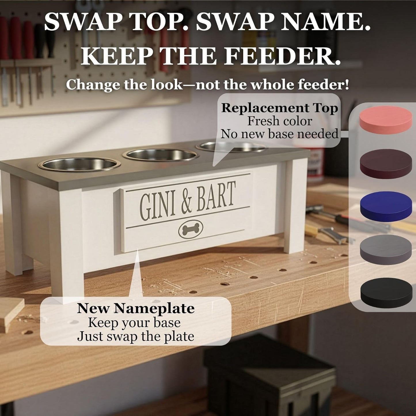 GrooveThis Woodshop - Personalized Elevated Triple Dog Bowl Stand for Large, Medium, Small, X-Small Dogs - 3 Stainless Steel Food and Water Bowls - Raised Dog Dish with Internal Storage (Large, Blue)