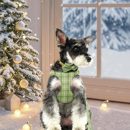 Beirui Cute Small Dog Harness Collar and Leash Set with Bowtie, Soft Adjustable Plaid Puppy Harness for Small Sized Dogs Cats Walks Parties and Photoshoots(Green,S:Chest 17-23")