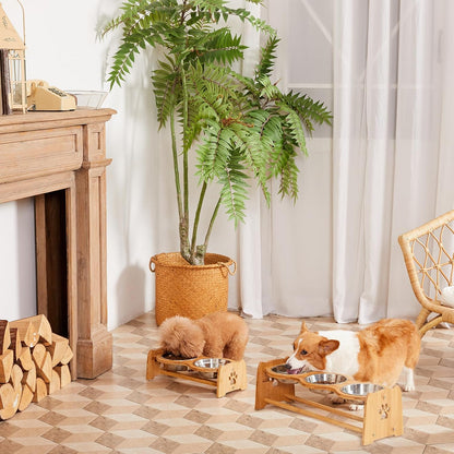 X-ZONE PET Elevated Dog Bowls for Cats and Dogs, Adjustable Bamboo Raised Bowls for Medium Dog, Food and Water Bowls Set Stand Feeder with 2 Stainless Steel Bowls Anti Slip Feet (Height 4.7" to 7")