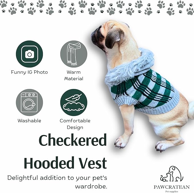 Cute Sweater for Dogs and Cats Soft Flannel Pet Outfit Warm and Cozy Animal Hoodie Small to Large Pet Clothes for Halloween Parties and Everyday Wear (Small, Green Checkered with Hat)