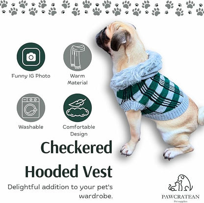 Cute Sweater for Dogs and Cats Soft Flannel Pet Outfit Warm and Cozy Animal Hoodie Small to Large Pet Clothes for Halloween Parties and Everyday Wear (Small, Green Checkered with Hat)