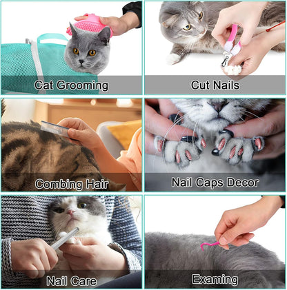 JULMELON Cat Washing Bag 10 PCS Set, Adjustable Cat Shower Net Bag and Pet Grooming Brush with Nail Clipper Nail File Hair Combs Tick Tool Nail Caps for Bathing Nail Trimming Examination(Pink+Green)