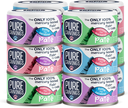 Pure Cravings Pate, Canned Wet Cat Food, 100% Mercury-Tested, Moist Can Fish, Grain-Free Protein, Non-GMO, Variety Pack of 12-3X Tuna/Salmon, 3X Tuna/Pumpkin, 3X Tuna/Sardine, 3X Salmon/Sardine