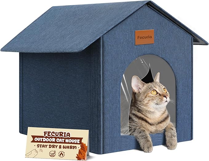 Outdoor Cat House Weatherproof, Insulated Cat Houses for Outdoor/Indoor Cats for Winter, Waterproof Feral Stray Cat Shelter with Warm Cushion and Door Curtain, Easy to Assemble, Navy Blue