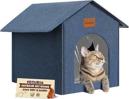 Outdoor Cat House Weatherproof, Insulated Cat Houses for Outdoor/Indoor Cats for Winter, Waterproof Feral Stray Cat Shelter with Warm Cushion and Door Curtain, Easy to Assemble, Navy Blue