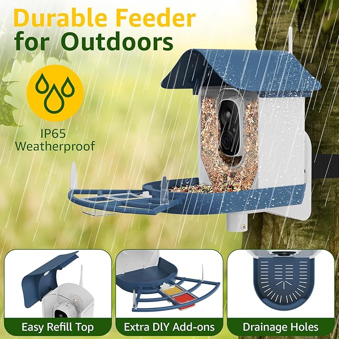 PeckCam® Smart Bird Feeder with Camera 2K HD Auto Detect & Notify, AI Identify 10000+ Birds Camera with Solar Panel 5 Perch Attachments Wireless Outdoor Birdwatching Gift for Birds Lover, Blue