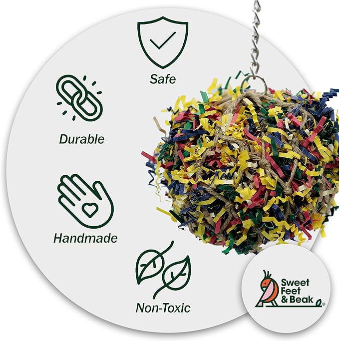 Sweet Feet and Beak Super Shredder Ball - Bird Cage Accessories to Keep Your Bird Busy Foraging for Hidden Treasures - Non-Toxic, Easy to Install Bird Foraging Toys for Small Sized Birds - 3 Inch