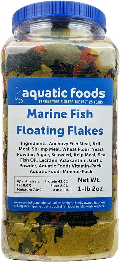 Aquatic Foods Inc. Marine Fish Flakes of Red & Green Algae, Seaweed for Tangs, Butterflies, Angelfish, Anthias, Clown Fish, Damsels Also Pellet Mix, Wafer Mix Included… AFI 1-lb 2oz