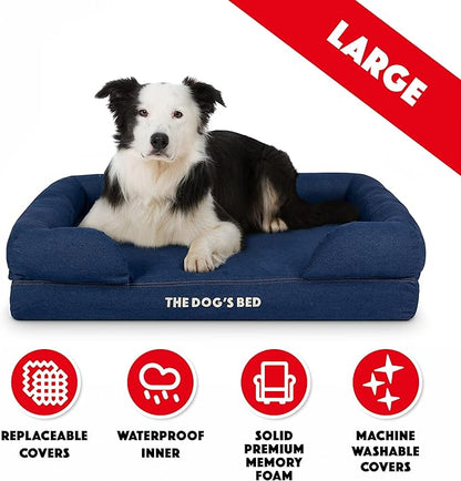The Dog’s Bed, Large Blue Denim, Memory Foam, Pain Relief: Arthritis, Hip & Elbow Dysplasia, Post Surgery, Lameness, Supportive, Calming, Waterproof Washable Cover