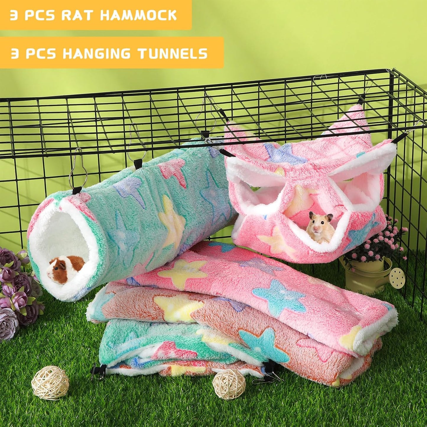 Sweetude 6 Pcs Rat Hammock Set Ferret Hanging Tunnel 3 Tier Guinea Pig Hammocks Hideout Soft Chinchilla Bed for Cage Accessories Hide,Play and Sleep(Dreamy,Star)