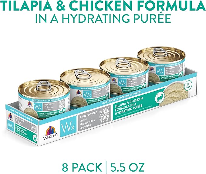 Weruva Wx Phos Focused Tilapia and Chicken Formula in a Hydrating Puree 5.5oz Can, Pack of 8