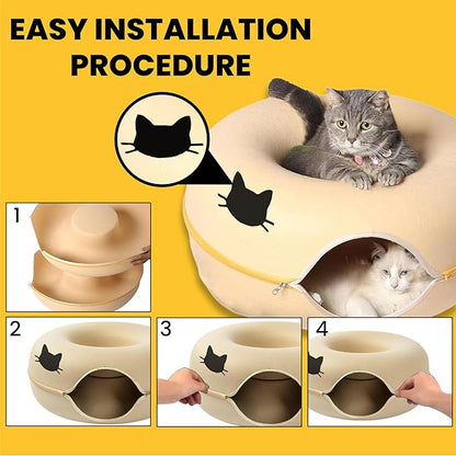 Laluz 2021 Large Cat Tunnel Bed for Multiple & Large Cats Up to 30 Lbs with 2 Toys, Scratch Resistant, Comfy Donut, Detachable & Washable Cat Donut Tunnel Bed (Beige)