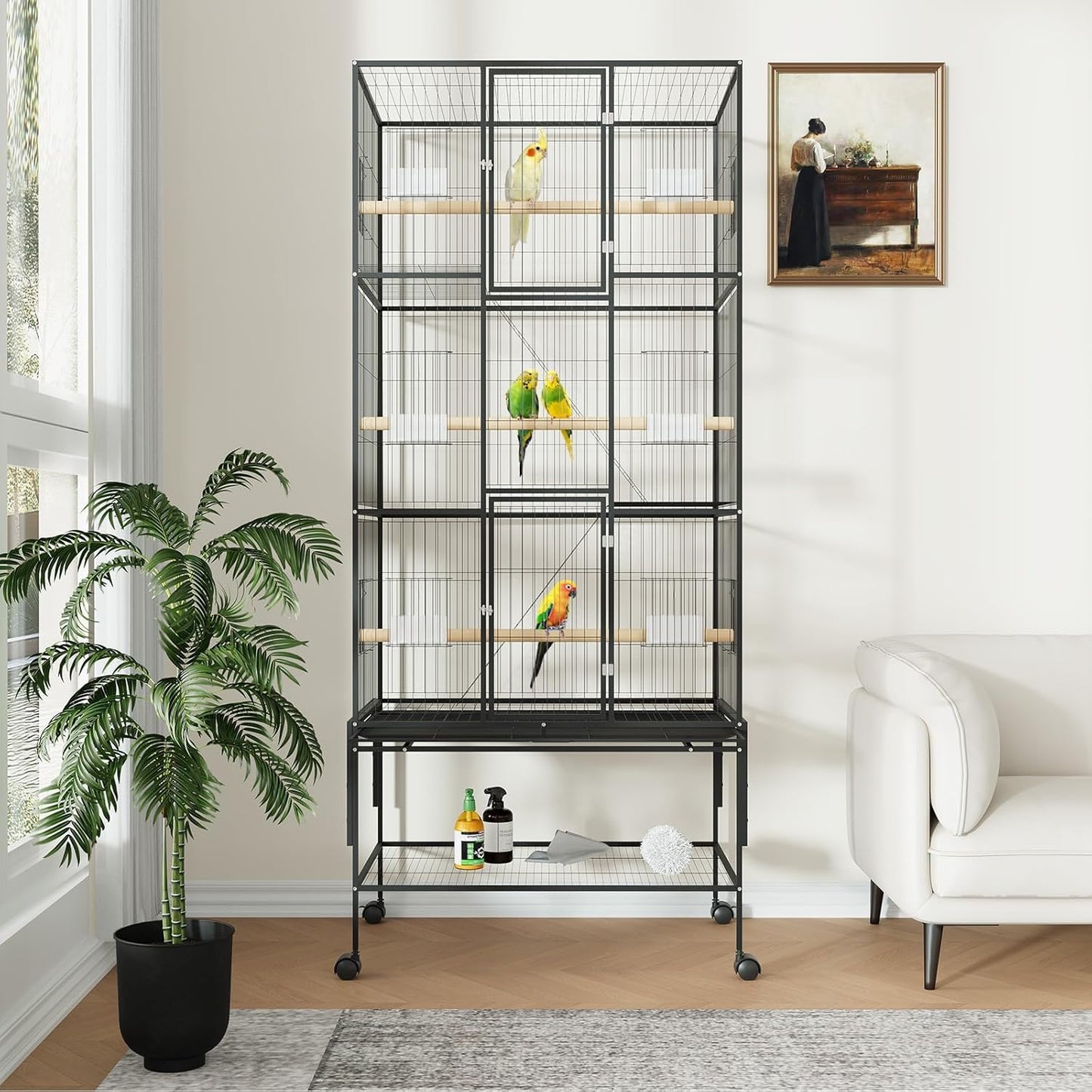 69inch Large Bird Cage Parrot Cage Metal Parrot Flight Cage for Budgie Parakeet Conure, Feeders, Ladders, Perches, Slide-Out Tray Rolling Cockatiel Cage for Mid-Sized Parrots Detachable Storage Stand