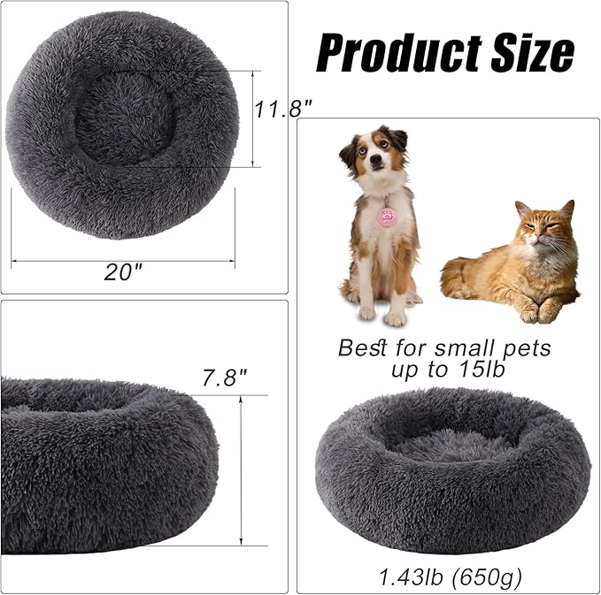 Small Round Dog Bed, Cat Beds for Indoor Cats, Calming Anti-Anxiety Donut Bed for Puppy and Kitten, Washable Round Fluffy Pet Bed for Small Dogs and Cats(Fits up to 15 lbs Pets)