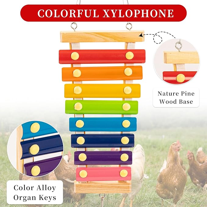 14PCS Chicken Toys for Coop Accessories, Swing Bridge Ladder Mirror Xylophone Toys with Bells Hanging String Vegetable Fruits Skewer Hanging Feeder Chicken Chewing Toy for Hens Chick Bird Parrot