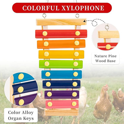 14PCS Chicken Toys for Coop Accessories, Swing Bridge Ladder Mirror Xylophone Toys with Bells Hanging String Vegetable Fruits Skewer Hanging Feeder Chicken Chewing Toy for Hens Chick Bird Parrot