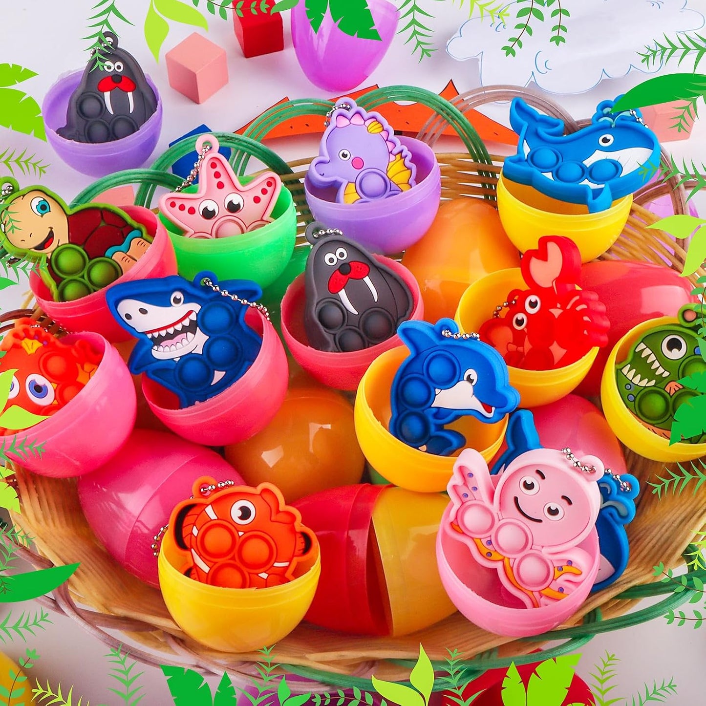 24 Pack Prefilled Easter Eggs with Toys,2.7inch Easter Eggs Filled with Sea Animal Pop Toys,Easter Basket Stuffers for Kids,Prefilled Eggs for Easter Egg Hunt
