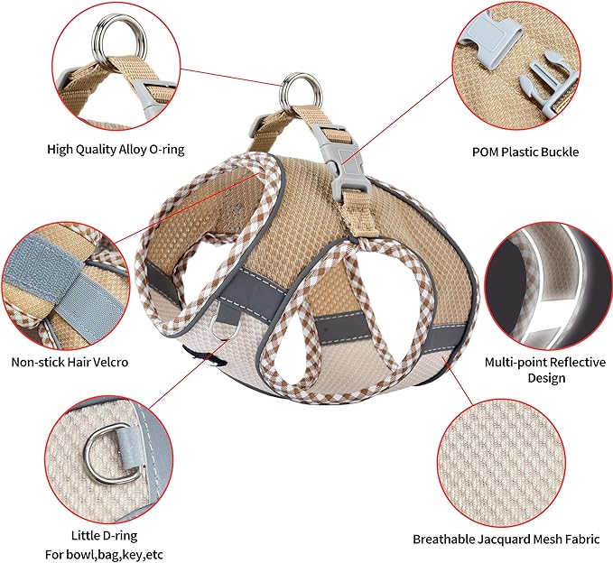 AIITLE Teacup Puppy Harness with Leash - Adjustable Soft Vest with Magic Tape & Reflective Safety Strips, Easy-Put-On for Poodles, Pomeranians - Gym, Hiking, Travel (Brown-Beige, S)