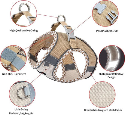 AIITLE Teacup Puppy Harness with Leash - Adjustable Soft Vest with Magic Tape & Reflective Safety Strips, Easy-Put-On for Poodles, Pomeranians - Gym, Hiking, Travel (Brown-Beige, S)