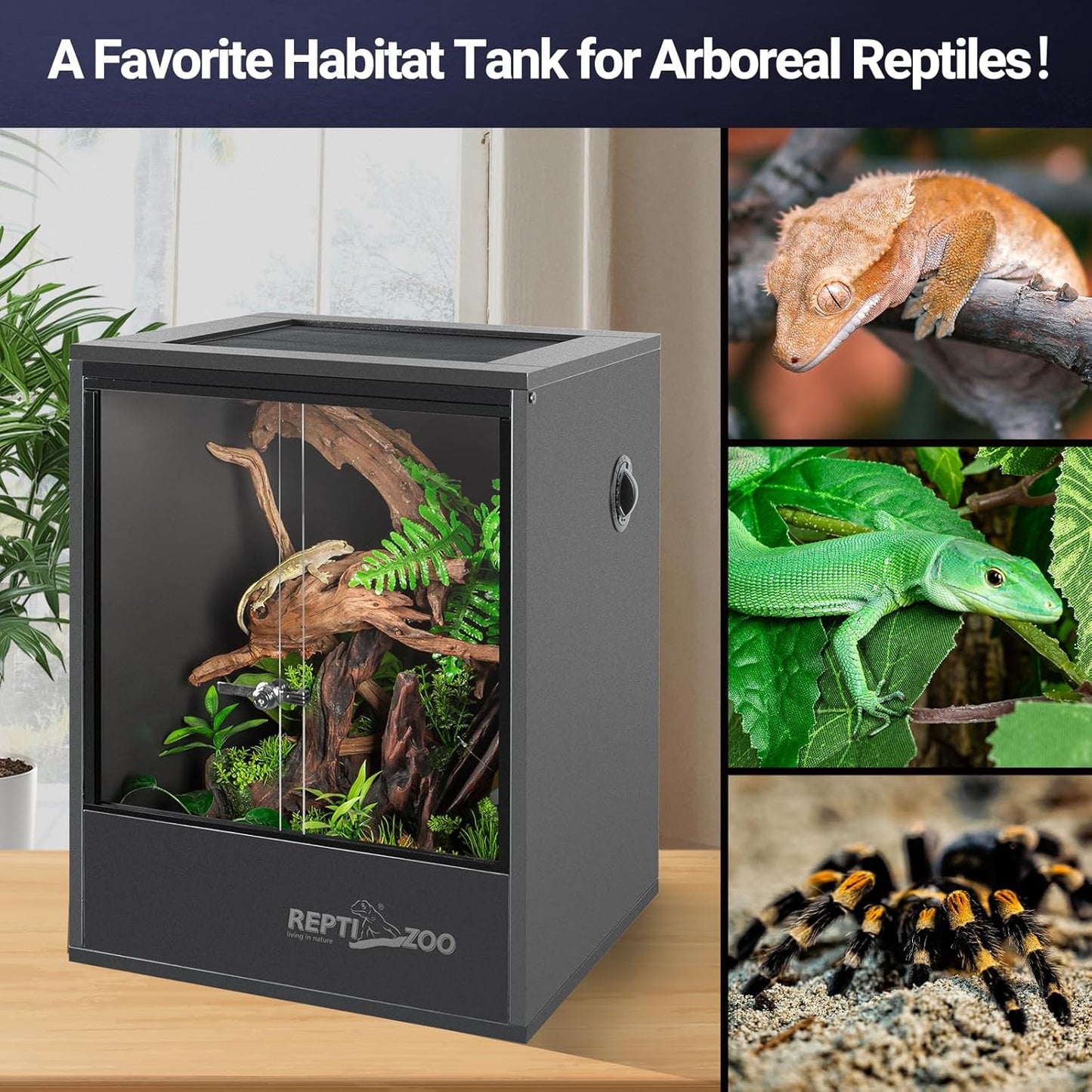 REPTI ZOO 30 Gallon PVC Tall Reptile Tank, 18x18x24 Reptile Terrarium for Frog Lizard Gecko Chameleon Snake, Tropical Rainforest Habitat Enclosure with Sliding Door & Top Screen Ventilation
