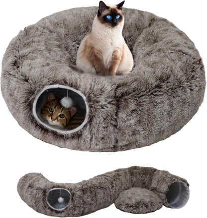 Cat Tunnel Bed for Indoor Cats with Washable Cushion Cat Cave Donut Tunnel with Fluffy Ball Big Round Tube Pet Playground Toys Soft Plush Peekaboo for Kitten, Cat, Puppy, Rabbit, Ferret（Brown）