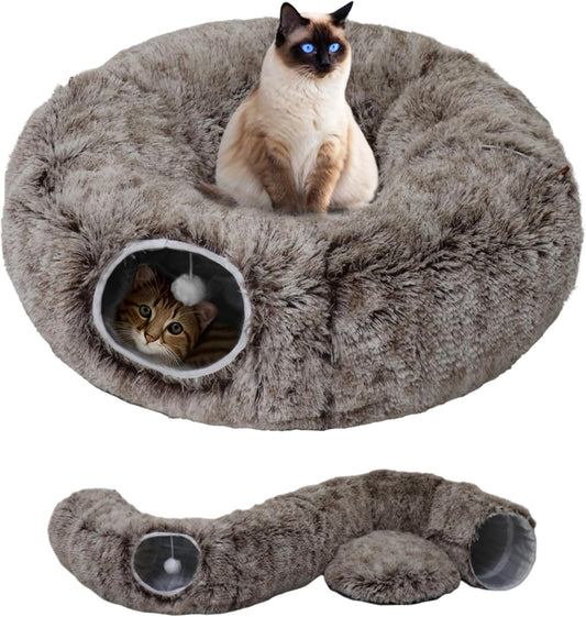 Cat Tunnel Bed for Indoor Cats with Washable Cushion Cat Cave Donut Tunnel with Fluffy Ball Big Round Tube Pet Playground Toys Soft Plush Peekaboo for Kitten, Cat, Puppy, Rabbit, Ferret（Brown）