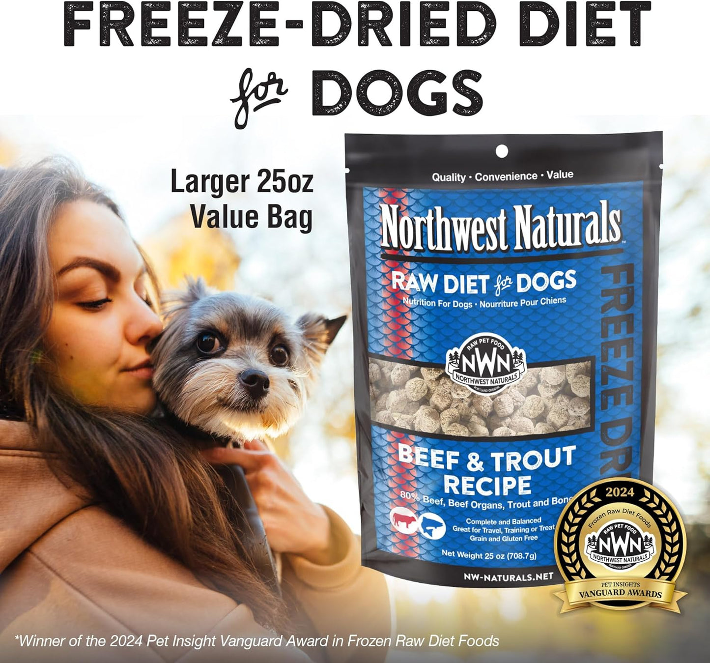 Northwest Naturals Freeze-Dried Beef & Trout Dog Food - Bite-Sized Nuggets - Grain-Free, High-Protein, Raw Diet, Human-Grade Ingredients, All Natural, Omega-3 for Skin & Coat, Made in USA, 25 Oz