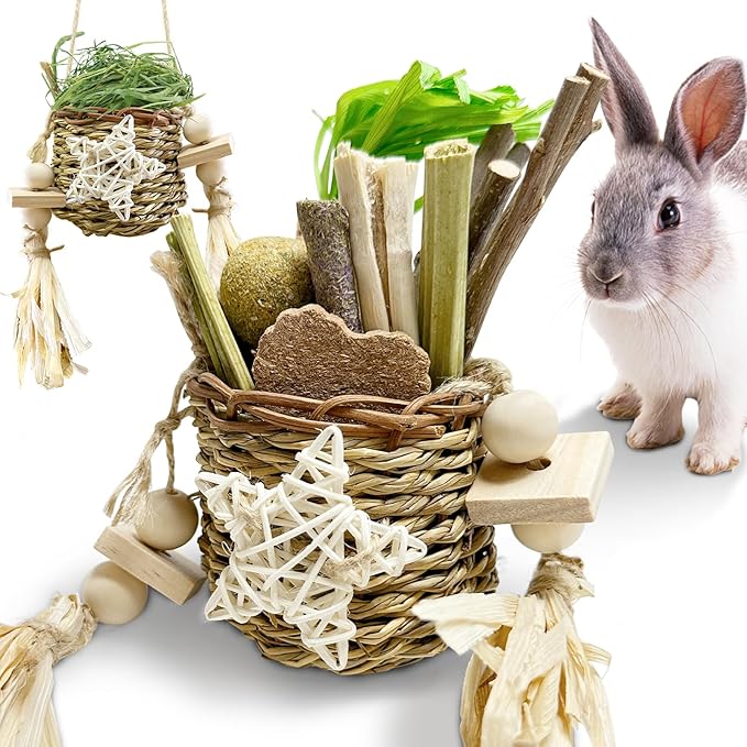 26Pcs Rabbit Toys for Bunny Boredom Basket for Small Pets, with 14Pcs Replacement Set Hanging Rodent Dental Toy with Papaya Stems Sweet Bamboo Hamsters, Chinchillas, Guinea Pigs