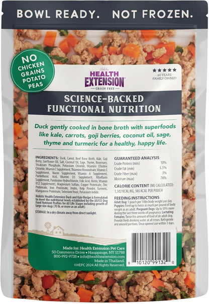Health Extension Gently Cooked Grain-Free Duck & Kale Dog Food, Human-Grade & Shelf-Stable with Superfoods, Supports Digestion, Immunity, Skin & Coat, 3 oz Pouch (Pack of 20)