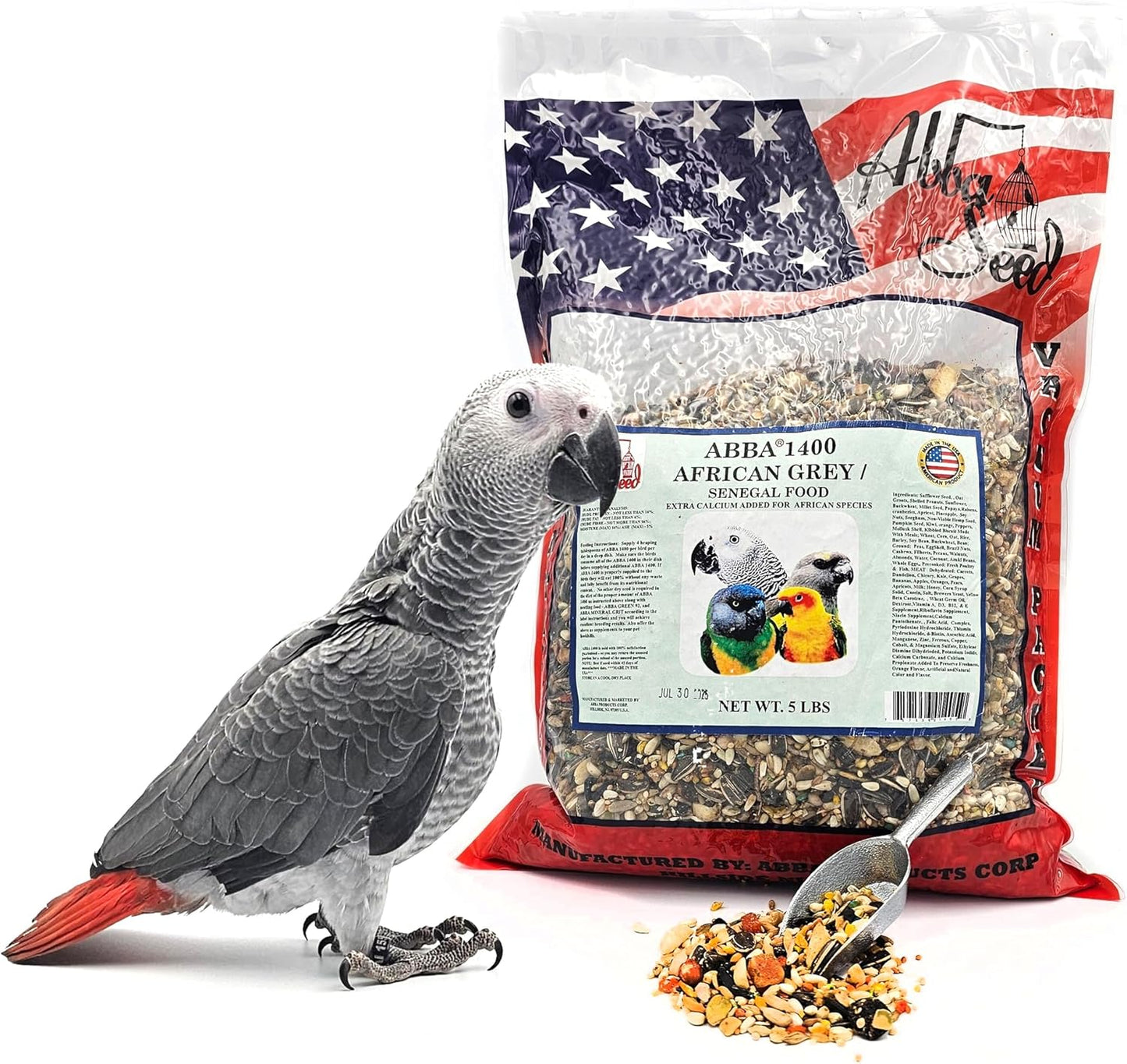 ABBA 1400 Premium Bird Food for African Grey, Conure, and Senegal Parrot, Bird Seed Blend with Whole Eggs, Fruits and Nuts - Packed with Protein, Vitamins & Minerals, 5 lbs