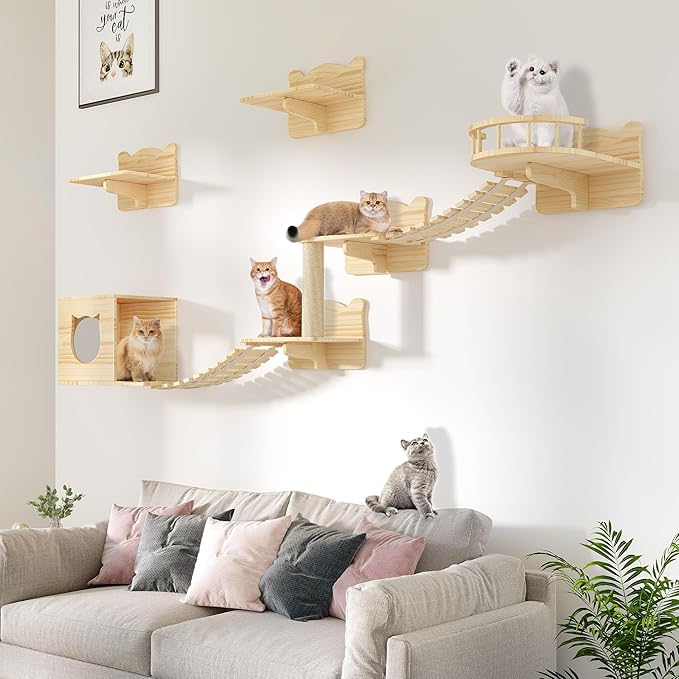 Solid Wood Cat Wall Shelves, Cat Wall Furniture Wooden Feline Shelf, 9 Piece Shelves and Perches with Bed, House, Steps, Bridge Ladder and Scratching Post