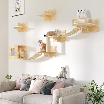Solid Wood Cat Wall Shelves, Cat Wall Furniture Wooden Feline Shelf, 9 Piece Shelves and Perches with Bed, House, Steps, Bridge Ladder and Scratching Post