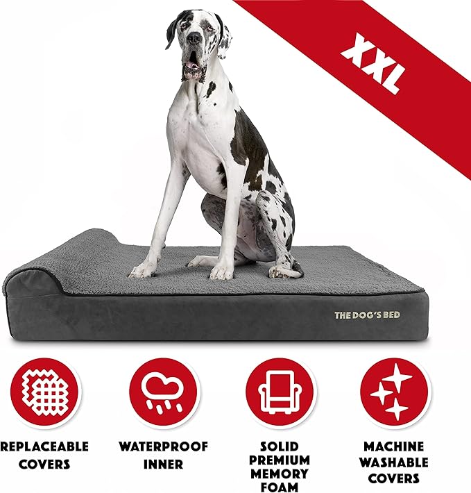 The Dog’s Bed Orthopedic Headrest Dog Bed XXL Grey Plush, Memory Foam, Pain Relief for Arthritis, Hip & Elbow Dysplasia, Post Surgery, Lameness, Waterproof Washable Cover