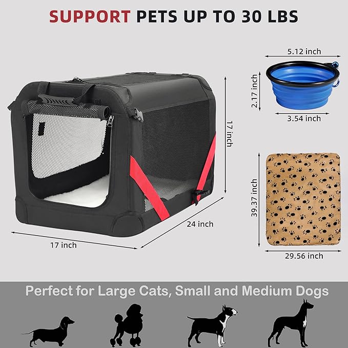 Petprsco Large Cat Carrier for 2 Cats Small Medium Dogs, Soft Pet Carrier 24x17x17 for Traveling with Warm Blanket Foldable Bowl and Washable Pad