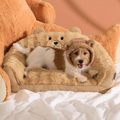 LE SURE Cute Cat Couch for Pets - Fluffy Original Bear Design for Small Dog Bed, Supportive Dog Couch with Removable Washable Cover, Puppy Bed for Small and Medium Dogs, 28inch, Almond