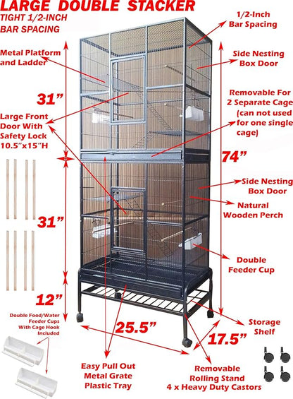 74" Large Double Separate Stackable Wrought Iron Breeding Bird Flight Parrot Cockatiel Conure Breeder Cages Side Nesting Doors Double Feeder Cups Easy Clean Grate & Tray with Detechable Rolling Stand