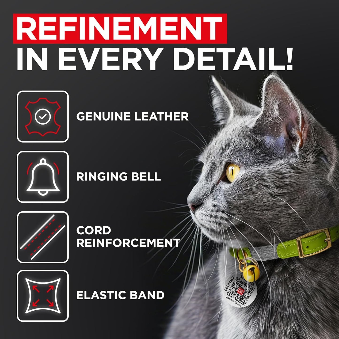 WAUDOG Ultra Soft Rolled Leather Cat Collar with Removable Bell, Safety Elastic Strap and QR ID Tag - Soft Padded for Small, Medium, and Large Cats - Round Kitten Collar for Male and Female Cats