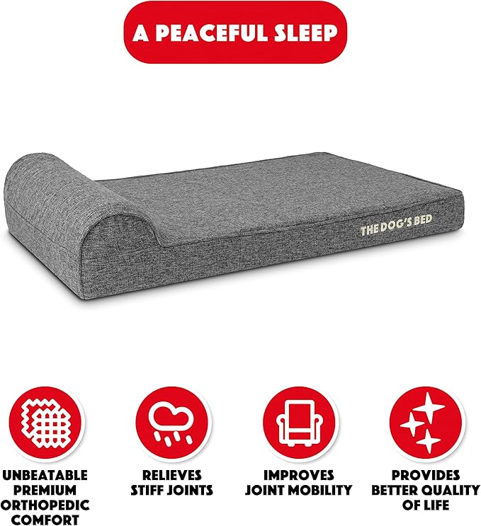 The Dog’s Bed Orthopedic Headrest Dog Bed, Large Grey Linen, Memory Foam, Pain Relief for Arthritis, Hip & Elbow Dysplasia, Post Surgery, Lameness, Waterproof Washable Cover