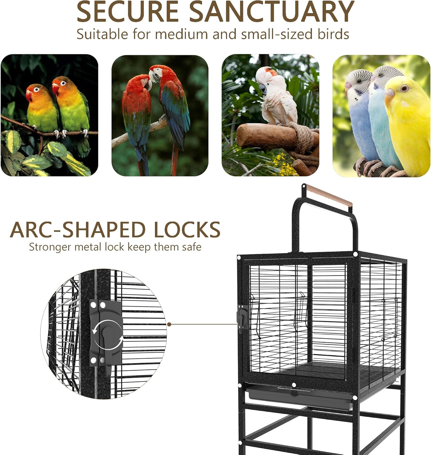 Bird Wrought Iron Cage, Home Style Detachable Travel Birdcage for Small and Medium Birds Parrots Lovebird Conures Cockatiel,Black,52-Inch