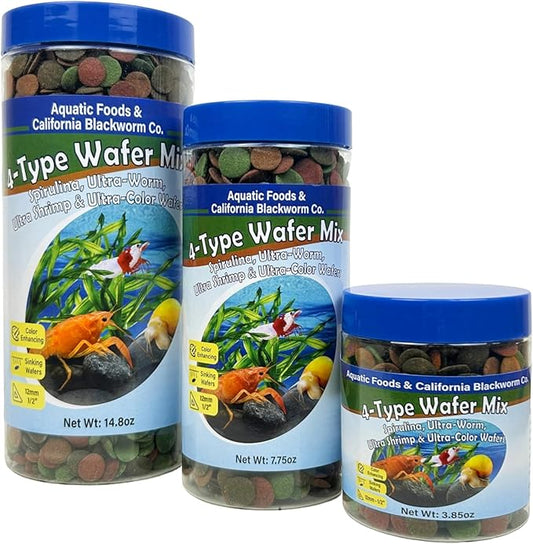 Aquatic Foods Inc. 4-Type 12mm - 1/2" Sinking Wafer Mix of Spirulina-Algae, Ultra-Worm, Shrimp, Color Enhancing for Shrimp, Snails, Crabs, Crayfish, Bottom Fish, 12-Type Pellet Mix Included 6.0oz