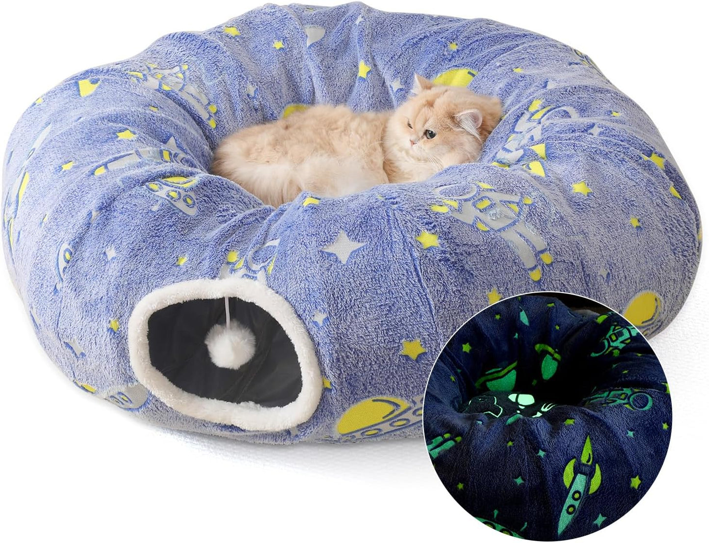 Large Cat Tunnels Bed Tube for Indoor Cats Glows in The Dark Cat Tunnel with Cushion and Plush Ball Toy Longer Playground Toys for Dog Puppy Kitten Rabbit Bunnies Ferret Pet Blue