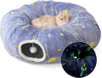 Large Cat Tunnels Bed Tube for Indoor Cats Glows in The Dark Cat Tunnel with Cushion and Plush Ball Toy Longer Playground Toys for Dog Puppy Kitten Rabbit Bunnies Ferret Pet Blue