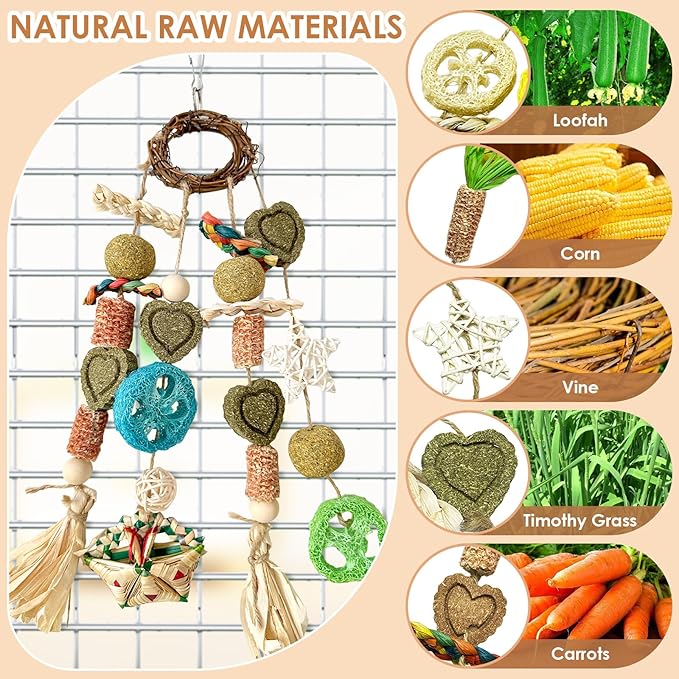 Bunny Chew Toy, Rabbits Cage Hanging Chew Toys and Treats Rattan Ring with Snacks Water Grass Wooden Block Carrot for Guinea Pigs Chinchillas Hamsters Rats and Other Small Pets Teeth Grinding
