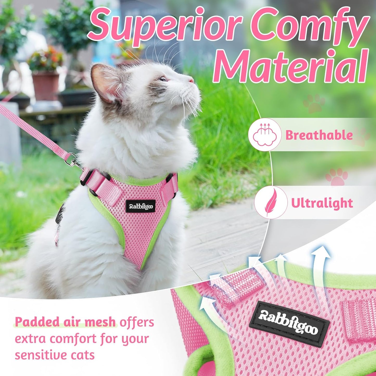 rabbitgoo Cat Harness and Leash for Walking, Escape Proof Soft Adjustable Vest Harnesses for Cats, Easy Control Breathable Reflective Strips Jacket, Green&Pink, M