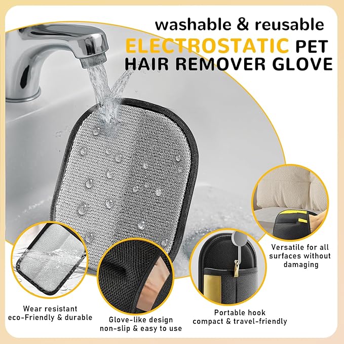 Pet Hair Removal Gloves for Cats & Dogs, Reusable & Washable Electrostatic Pet Hair Remover Gloves Tool, The Magic Brush Pet Hair Remover for Laundry, Couch, Furniture, Carpet, Car Seat Surface (2pcs)